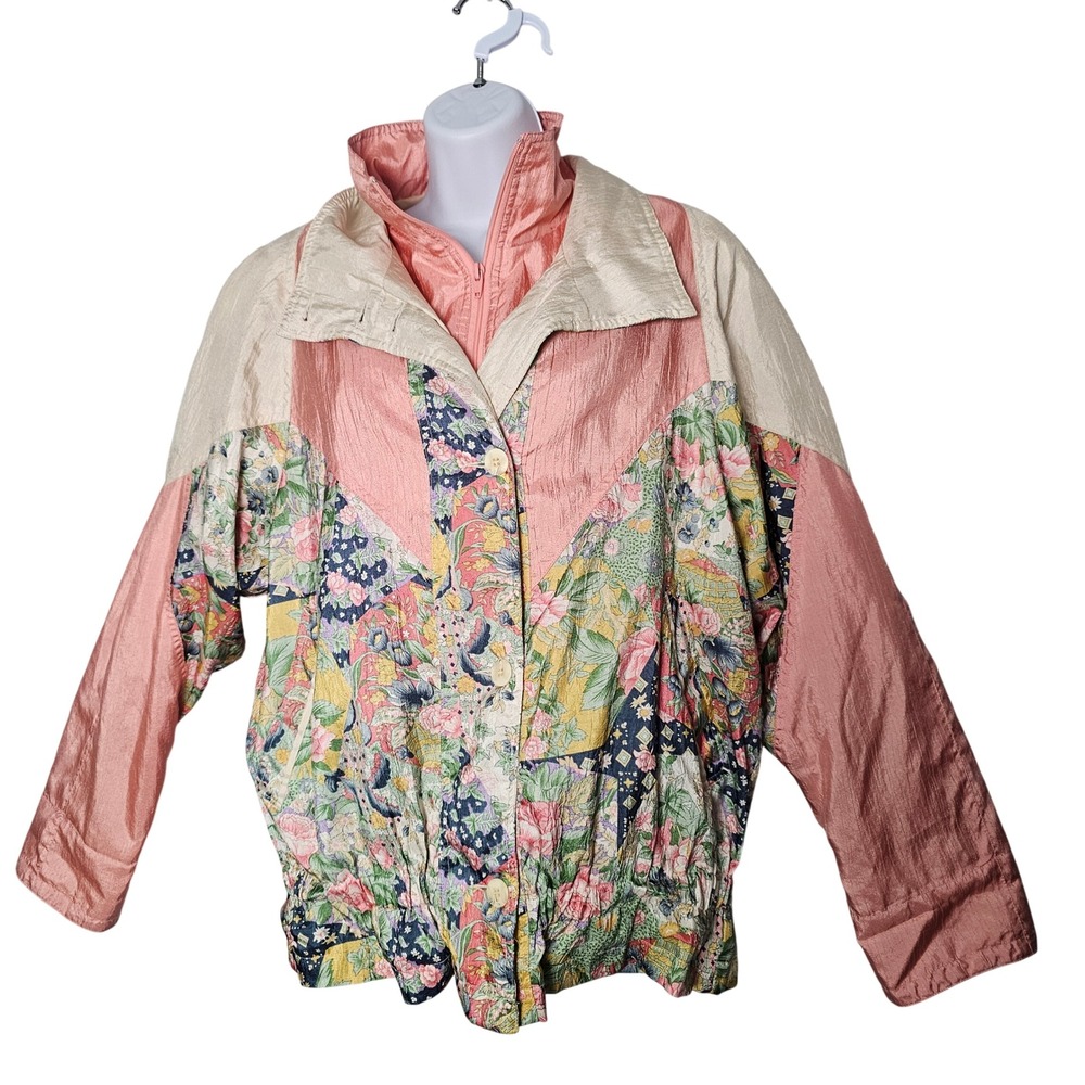 Cambridge Women Floral Colorblock Vintage Zip Front Jacket Size M Pink Retro 80s